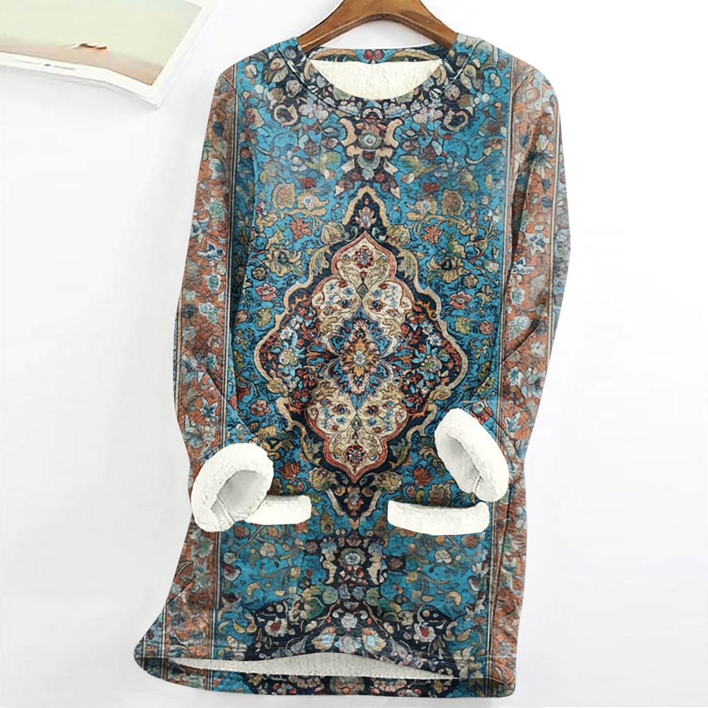 Women's Round Neck Top Printing Thickened Plush Cashmere Warm Long Top