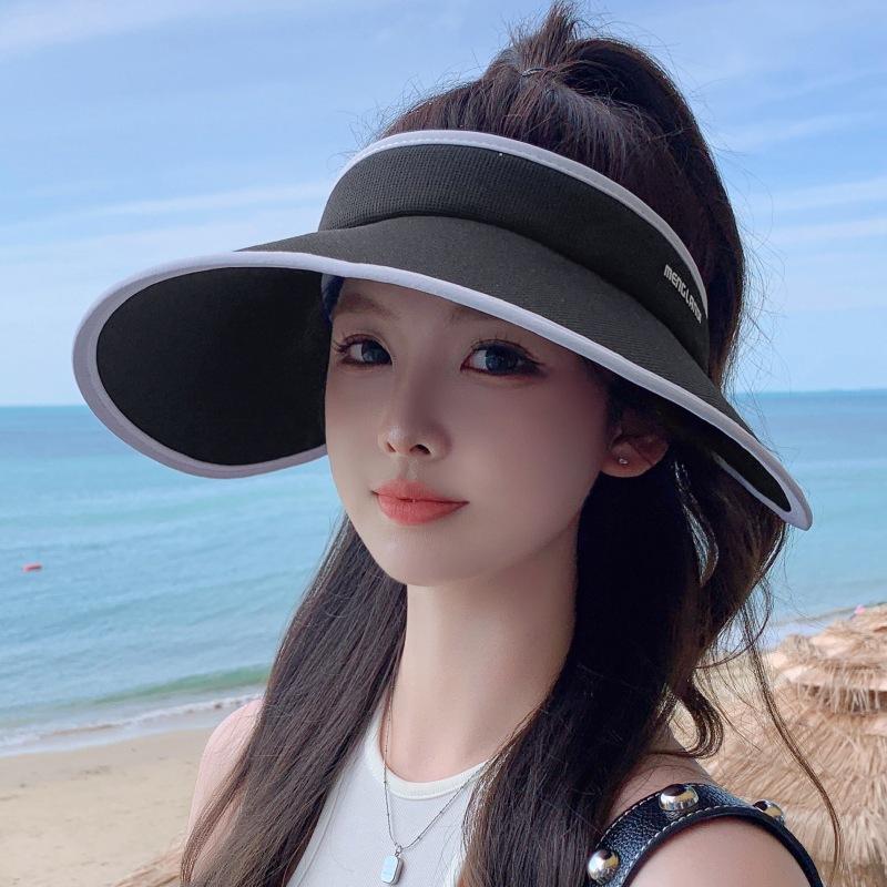 Female Uv Protection Empty Top Hat Outdoor Face Covering Sun Protection Big Eaves Sun Hat Letter Travel Beach Hat