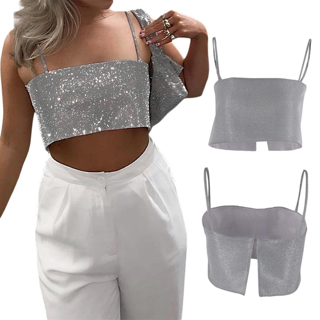 Sexy Women Club Sequin Camisole, Low Cut Suspender Tops Crop Tops Tank for Summer Pub, Women Clothing