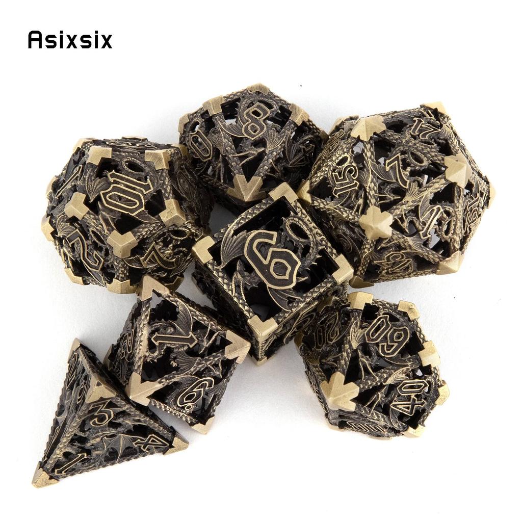 7 Pcs Yellow Flying Dragon Metal Dice Hollow Metal Polyhedral Dice Set Suitable for Role-Playing RPG Board Game Card Game