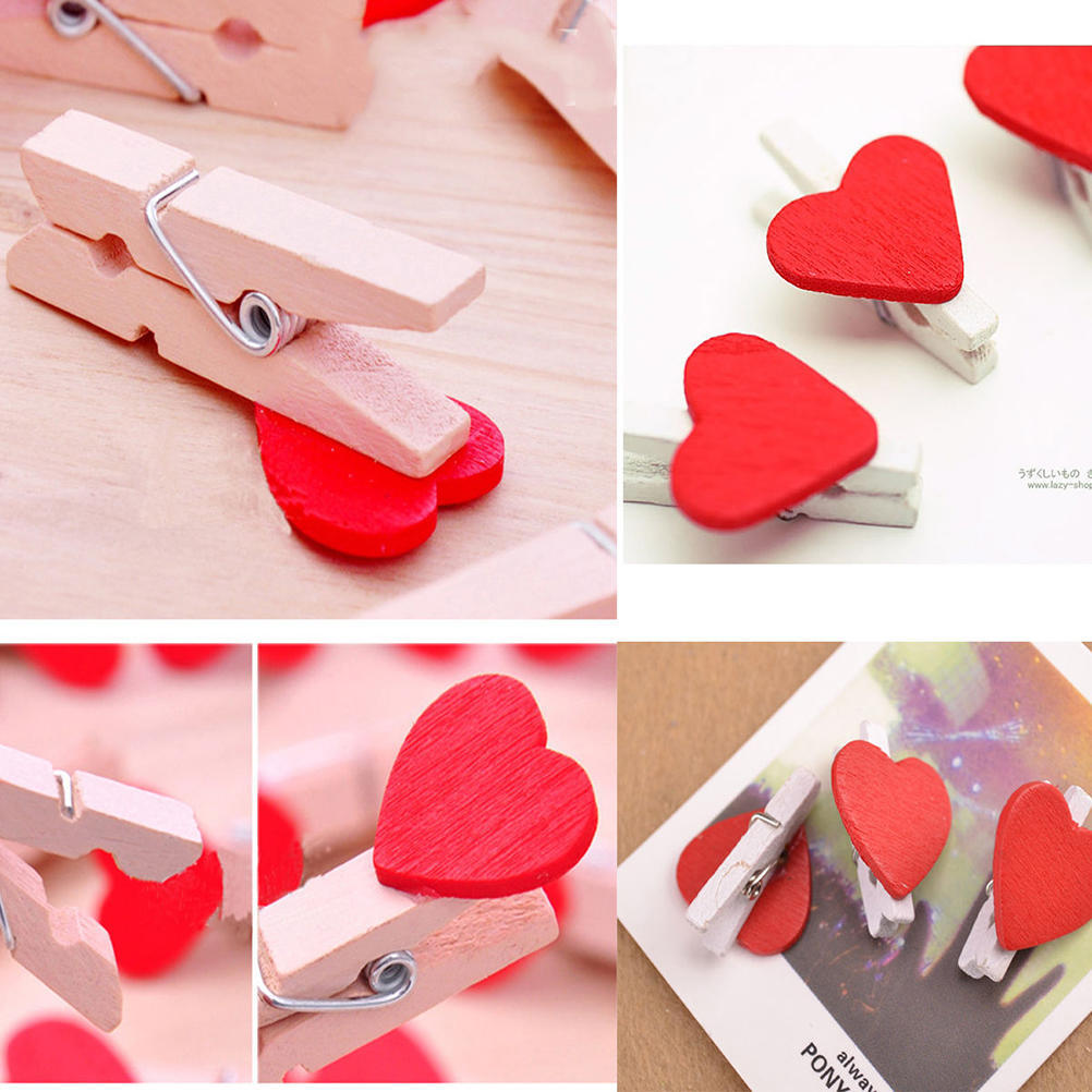 20 Pcs Stylish Wooden Red Love Heart Pegs Photo Paper Clips Wedding Decor Craft KTY