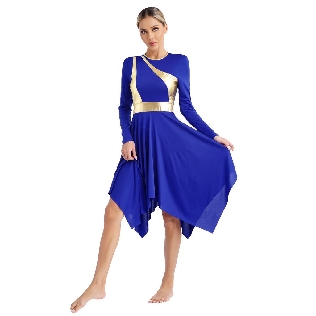 Womens Liturgical Dance Set Round Neck Long Sleeve Metallic Shiny Patchwork Irregular Dress Wide Leg Pants