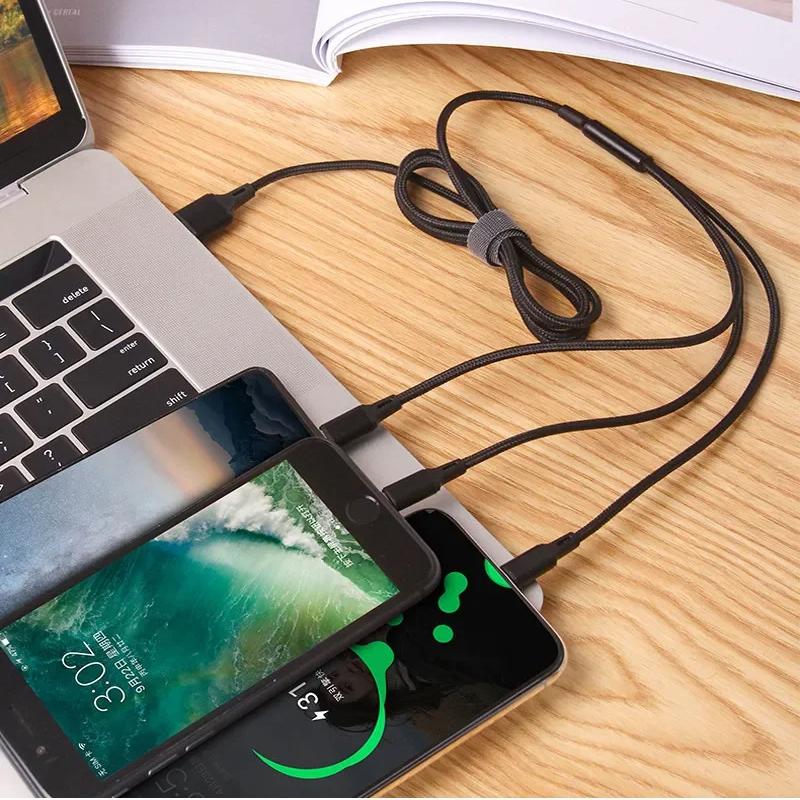 3 в 1 USB-кабель для быстрой зарядки типа C Micro IOS, универсальный зарядный кабель для iPhone, Huawei, Samsung, нейлоновый плетеный шнур