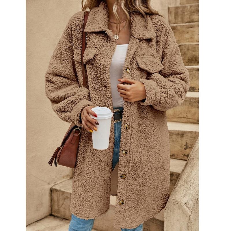 Autumn Winter Long Sleeve Lapel Plush Coat Female Casual Office Outer Wear Long Coat Ladies Elegant Solid Color Warm Coat