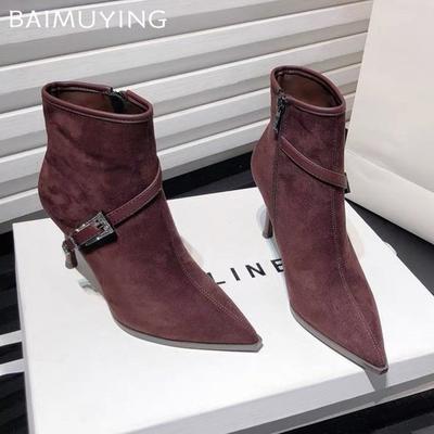 Женские ботильоны на высоком каблуке, сексуальные замшевые туфли с острым носком и кристаллами, пряжка, 2025, модные дизайнерские туфли-лодочки в готическом стиле, зимние женские ботинки