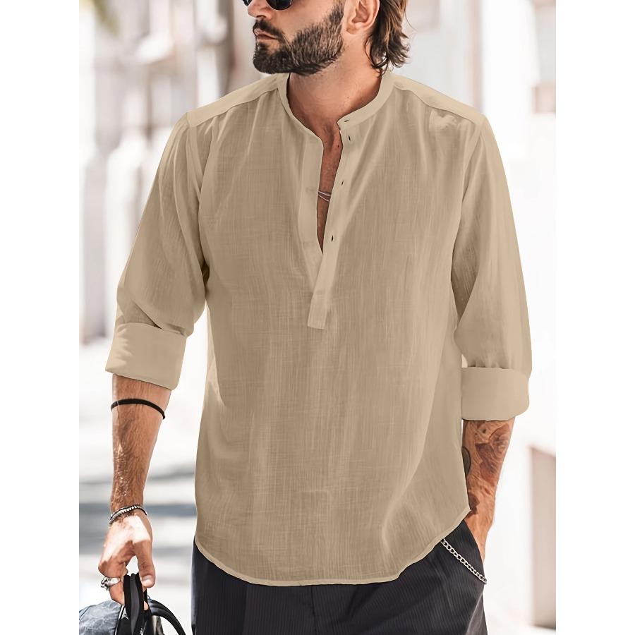 Men Henry Shirt Men's Casual Thin Cotton Linen Shirt White Black Khaki Stand Up Collar Straight Solid Color Long Sleeve Top