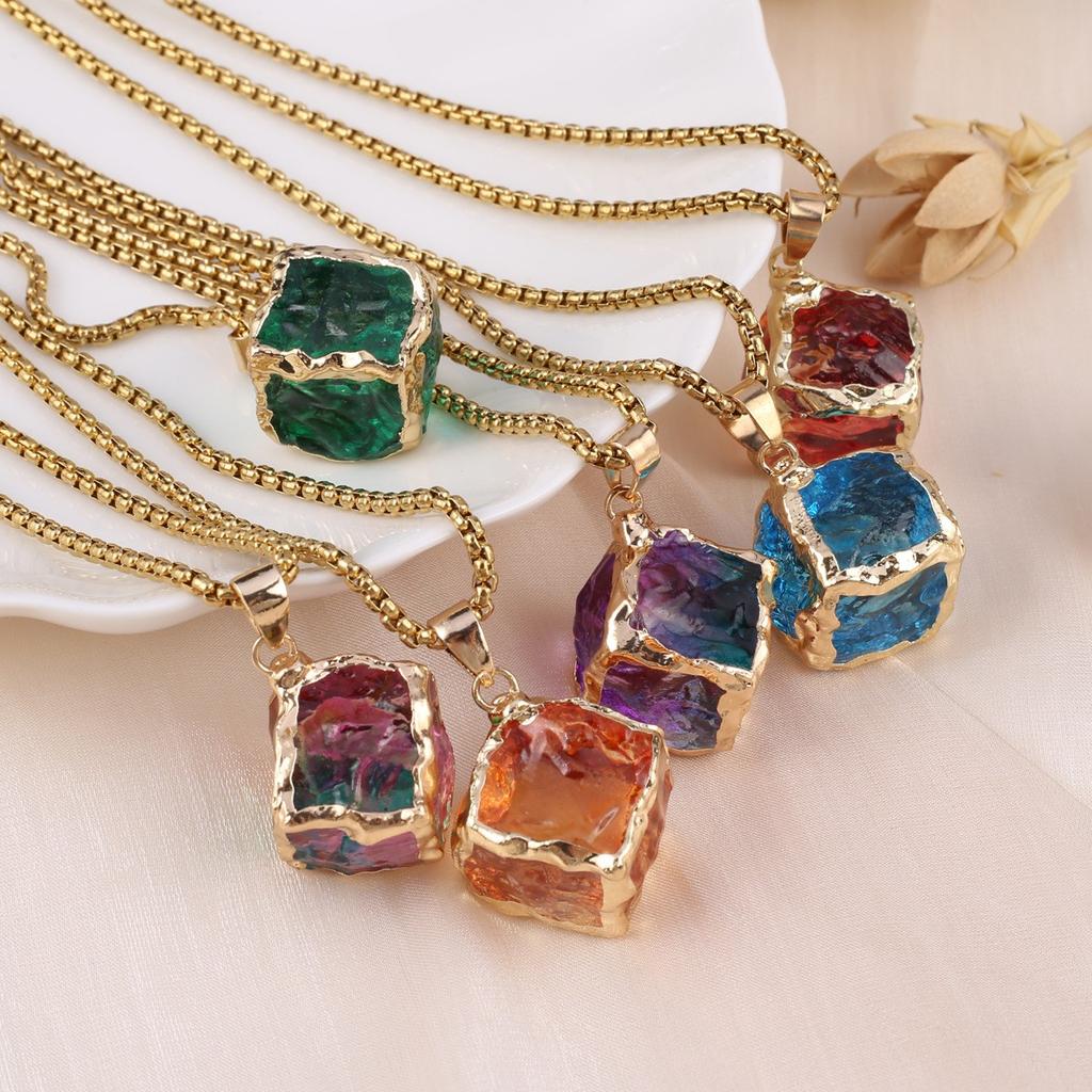 1Pc, Reiki Healing Crystal Necklace Pendant, Geometric Style Square Energy Natural Stone Chain Necklaces for Women Men Christmas Jewellery Gifts