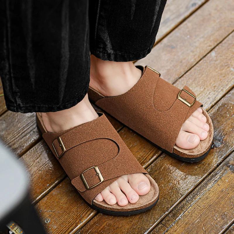 Модные тапочки мужские уличные высокого качества модные повседневные классические с двумя пряжками мужские женские унисекс шлепанцы большие размеры 35-46 мужские пробковые тапочки Sh