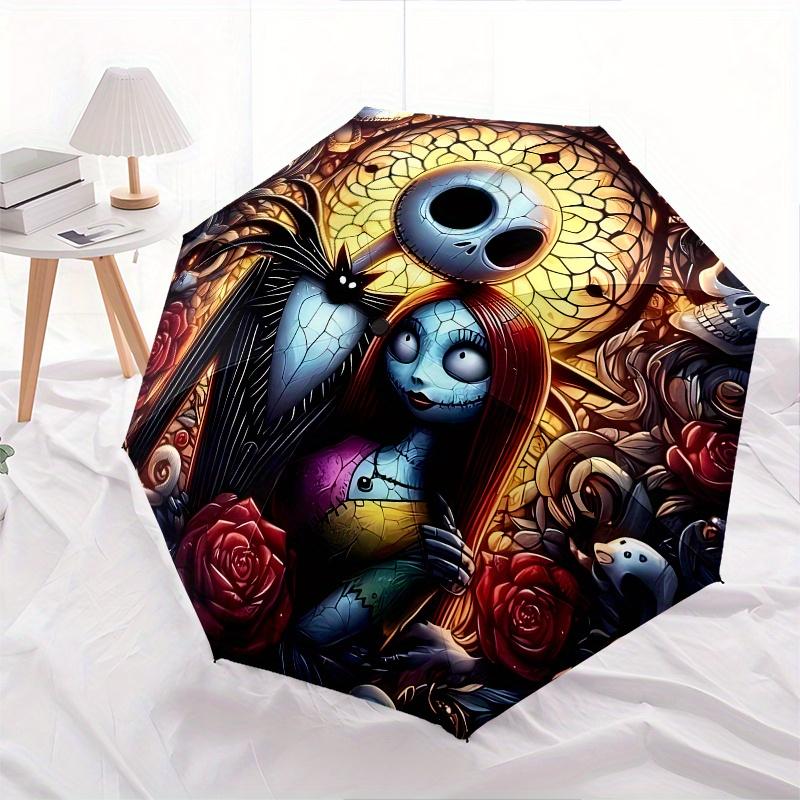 Jack Skellington, Sally Automatic Opening and Closing Umbrella - 8 Ribs Portable Folding Umbrella with Plastic Handle, Suitable for Leisure