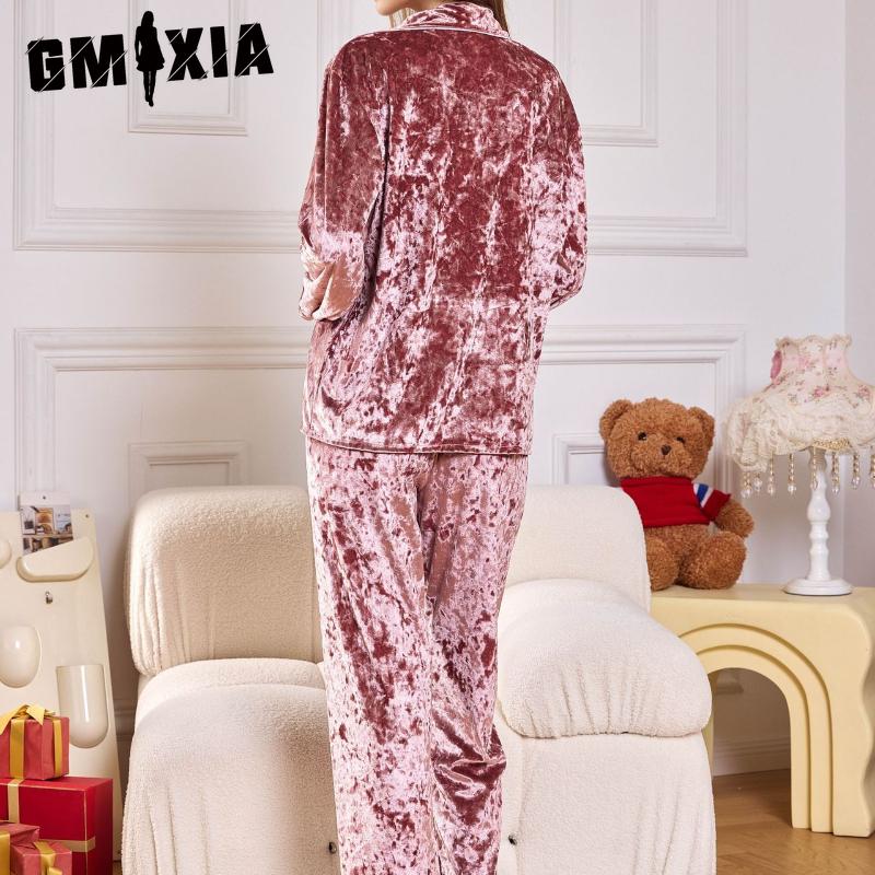 GMXIA Autumn and Winter Women's Gold Diamond Velvet Pyjamas Long-sleeved Trousers Two-piece Warm Thickened Velvet Homewear Set