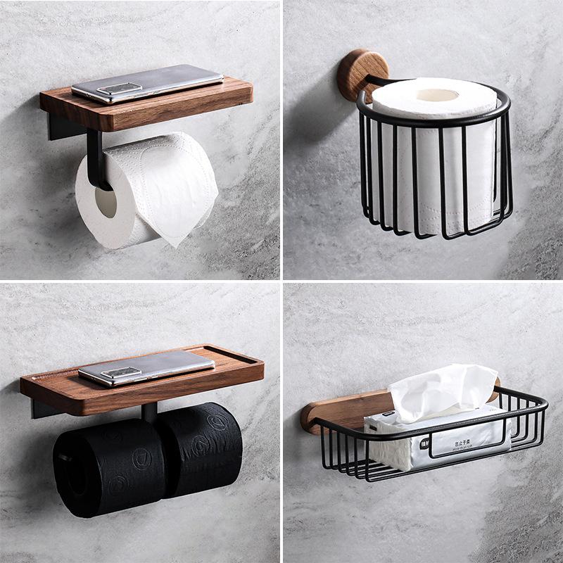 Creative Walnut Wood Toilet Paper Holder No Drill Bathroom Tissue Box with Phone Shelf