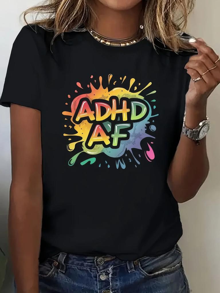 Letter Print ADHD AF Crew Neck Casual Sleeve Top Tshirts Unisexs Clothing Graphic Summer Sleeved Harajuku Streetwear Tops Tees