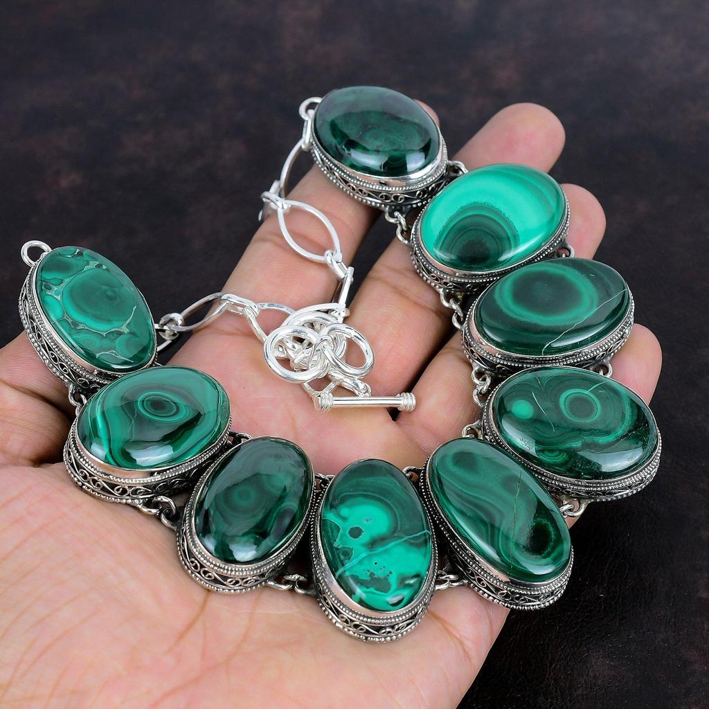 Malachite Necklace Genuine Gemstone Jewelry Vintage Necklace 925 Sterling Silver Necklace Handmade Adjustable Chain Necklace Gifts For Women