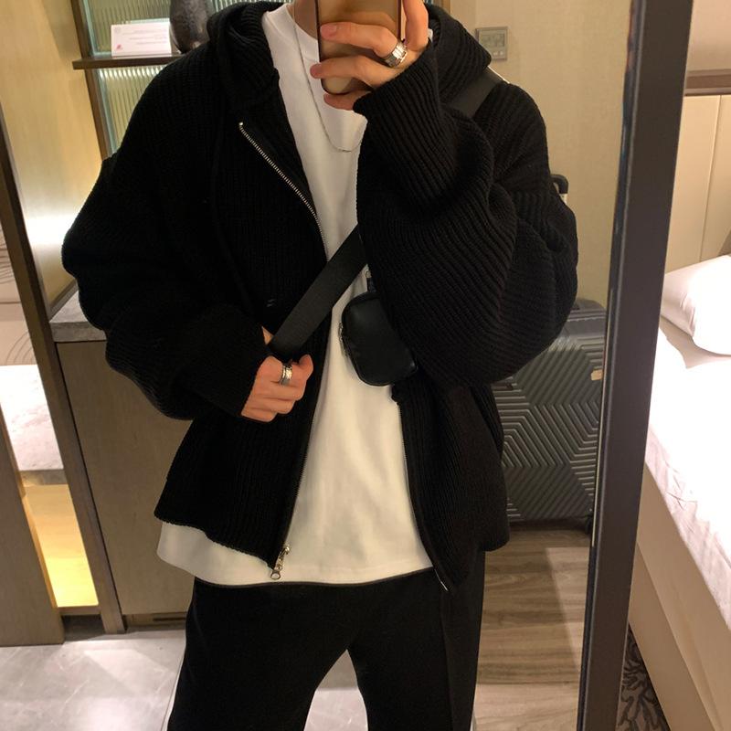 Зимняя одежда Мужской вязаный кардиган с капюшоном на молнии свитер с длинным рукавом Однотонная толстовка с капюшоном Корейский популярный трикотаж