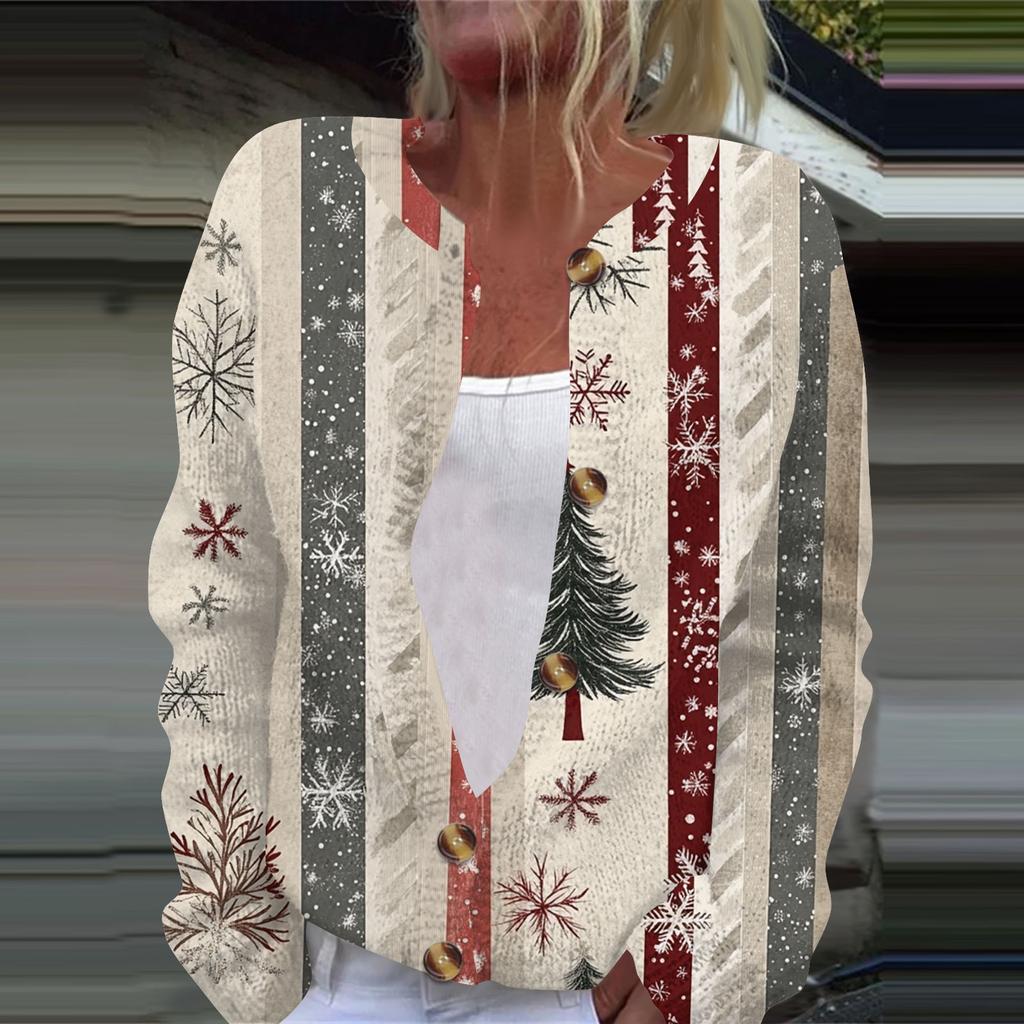 Женская мода рождественский принт длинный рукав вязаный кардиган пуховик