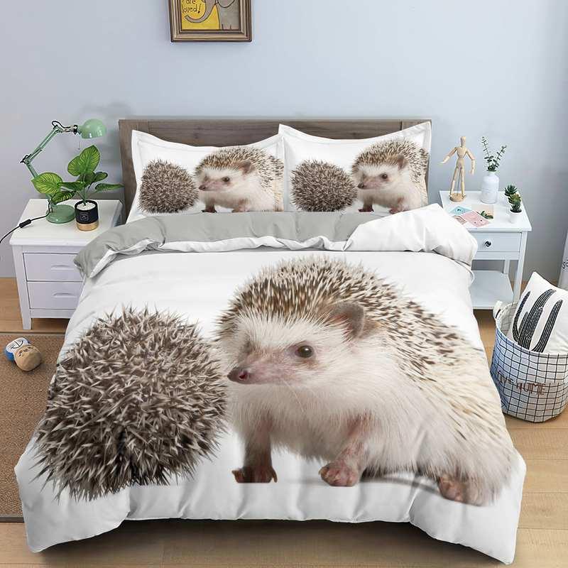 Hedgehog Bedding Set Cute Kawaii Wildlife Comforter Cover With Pillowcases For Kids Boys Girl Polyester Bedding Set King Size