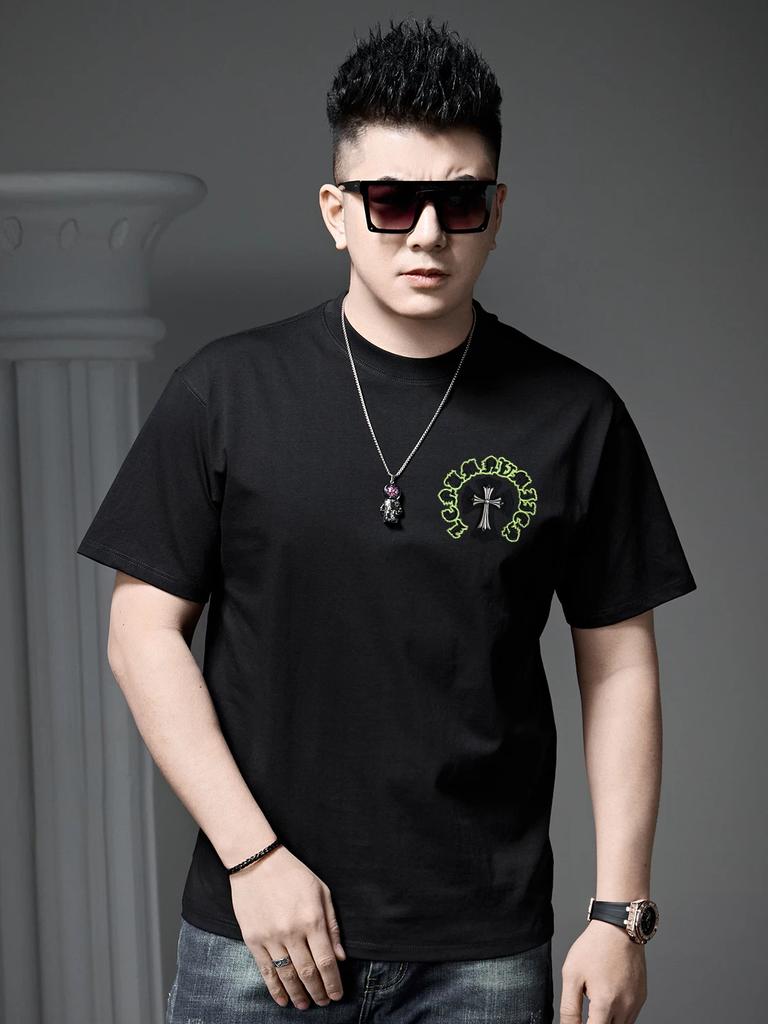 European-Style Round-Neck Short-Sleeve T-Shirt for Men, Summer 2026 New Trendy Brand with Heavy Embroidery, Casual Half-Sleeve Top