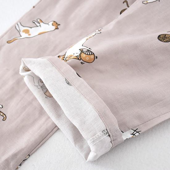 2 шт./комплект Пижама с V-образным вырезом и рукавами 3/4, Эластичный пояс, Прямые широкие брюки, Принт с кошками, Японский стиль, Комплект из топов и длинных брюк, Костюм для сна