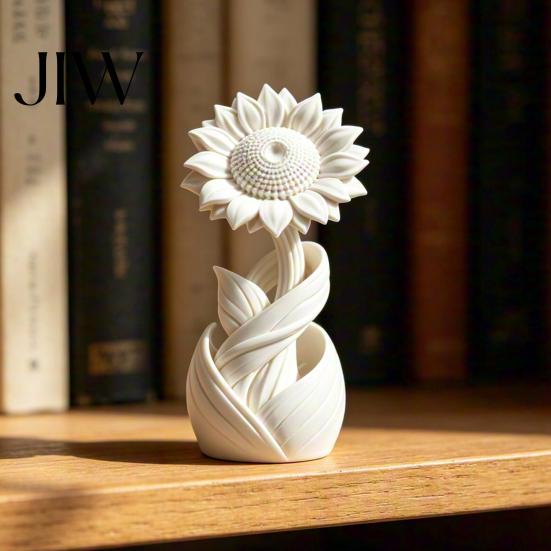 Delicate Sunflower Figurine 3D Printed Ornament, Nordic Style Matte White Flower Desk Decor, Modern Log Ornament Aesthetic Table Shelf Decoration,