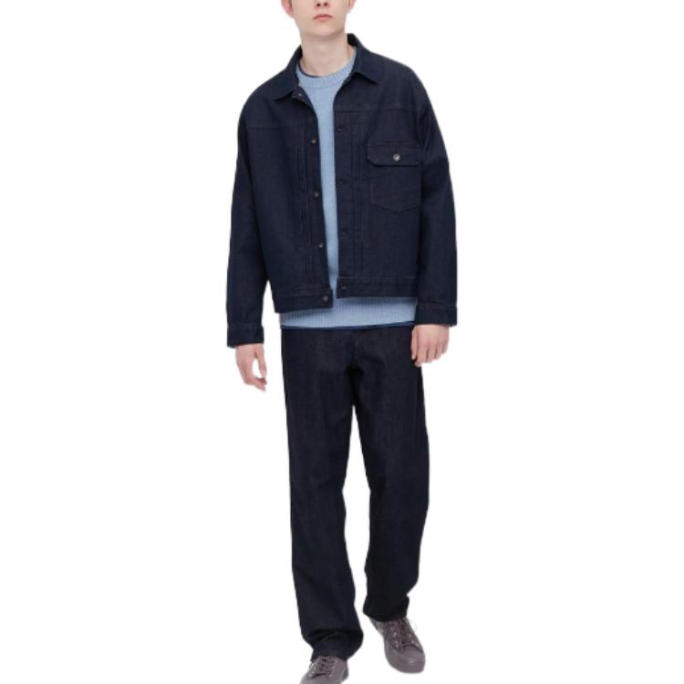 Uniqlo SS22 Однотонная Повседневная Джинсовая Куртка на Пуговицах Мужские куртки Темно-Синий 449616