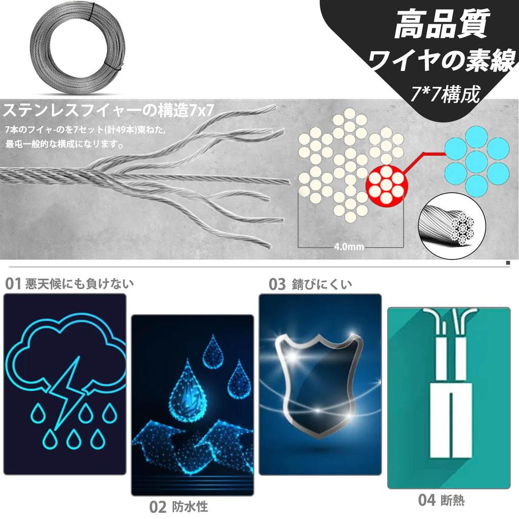 Ibubu Нержавеющая сталь Бельевая веревка 20м 7x7 1100кг Нагрузка на разрыв Землетрясение Тайфун 20 Алюминиевые гильзы в комплекте Проволока, Веревка, Диаметр 4.0мм, Длина,