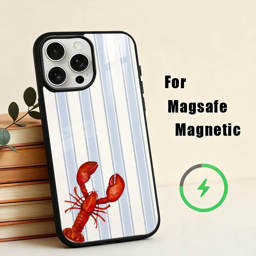 L-Lobster On S-Stripes Ocean Phone Case For iPhone17,16,15,14,13,12,11 Plus,Pro Max Magnetic For Magsafe Wireless Charging