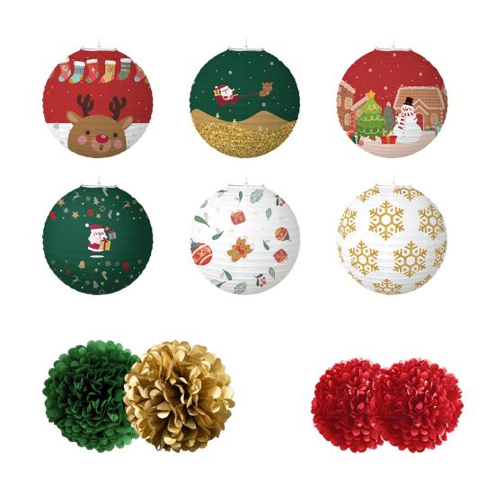 15 шт. рождественских бумажных фонариков, украшения, красные и зеленые помпоны, набор, веселый рождественский баннер для декора вечеринки в помещении и на открытом воздухе