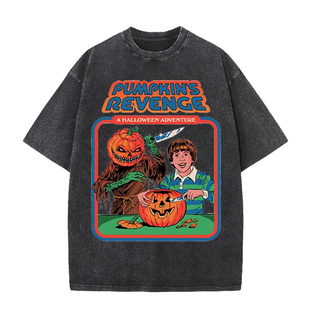 2026 Vintage Washed Beige Pumpkins Revenge Halloween Retro Comic Graphic T Shirt Horror Cartoon Oversized Casual Short Sleeve T
