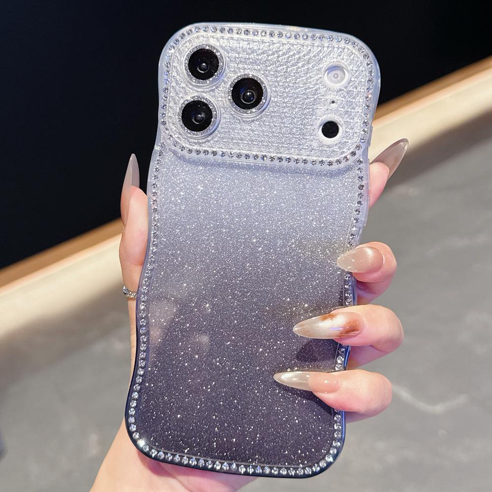 KEYSION Чехол для телефона с градиентом, блестками и стразами для iPhone 16 17 Pro Max Air 16 Plus, с волнистым краем, защитой камеры, противоударный