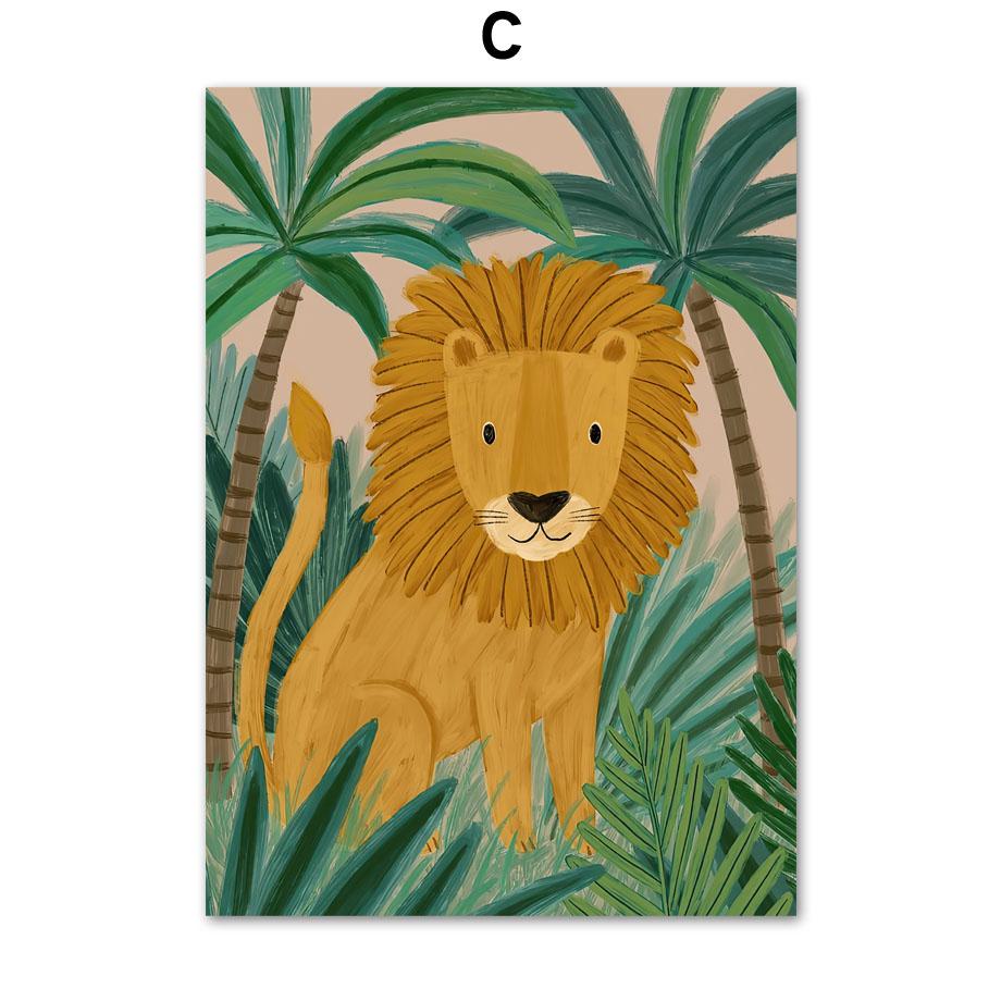 Тропические джунгли Лев Лиса Леопард Кролик Павлин Детская Настенная живопись Печать на холсте Картина на скандинавскую тему Плакат Декор Фотографии Детская комната