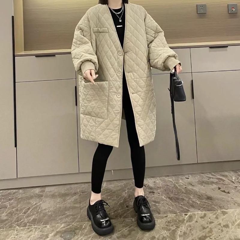 Зимнее длинное стеганое пальто свободного кроя для женщин, европейский плюс-сайз, ромбовидная стежка, нерегулярные карманы, корейский стиль