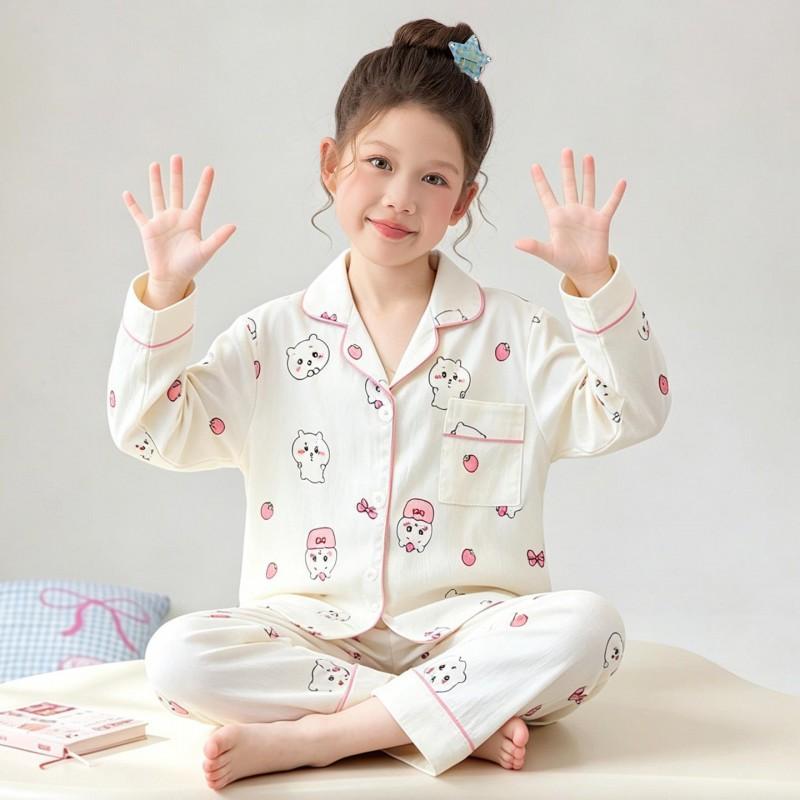 Girls Long Sleeve Cloud Cotton Pajamas Set Cute Open Front Homewear
