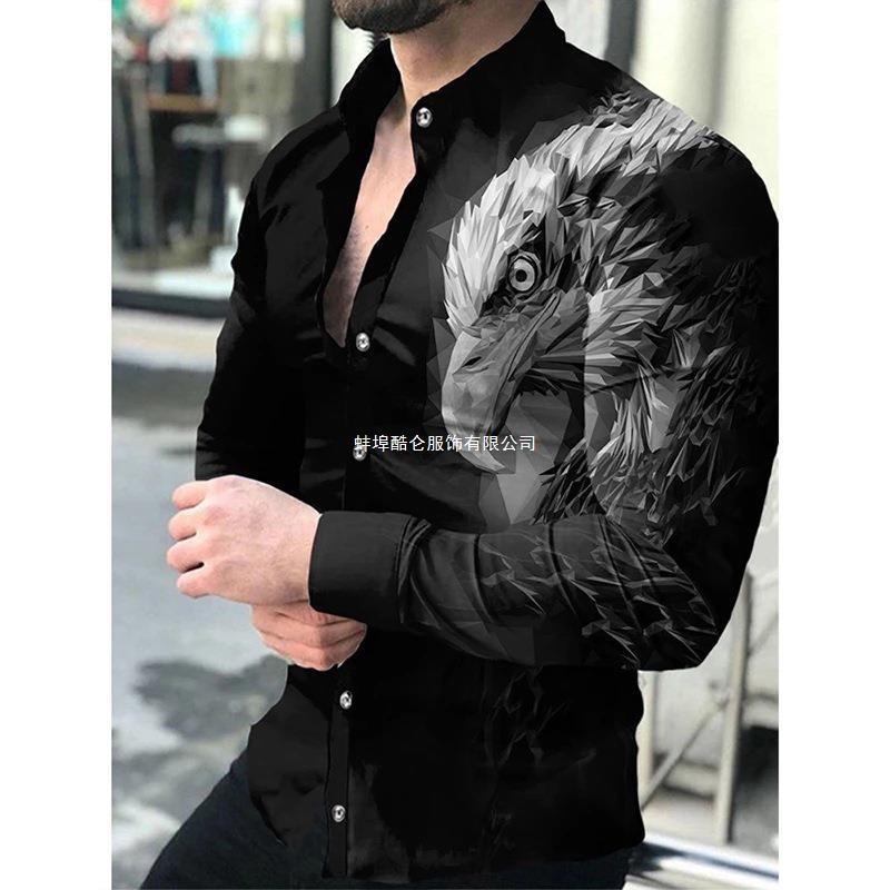 Eagle Graphic Long Sleeve Shirt, Trendy Casual Button-Up