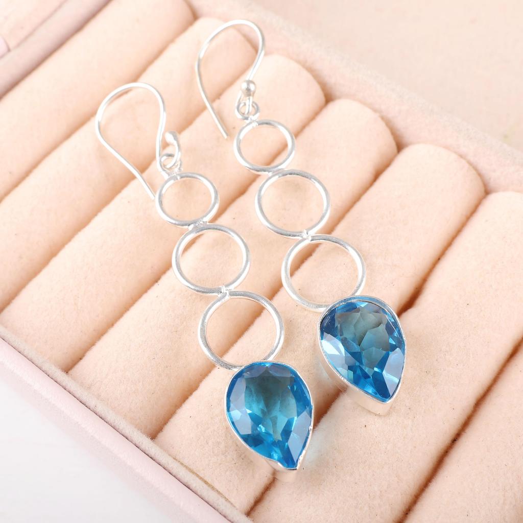 Серьги с голубым топазом Swiss Blue Topaz Gemstone Earring, 925 Solid Sterling Silver Earrings Jewelry Handmade Earrings, Silver Jewelry For Gift