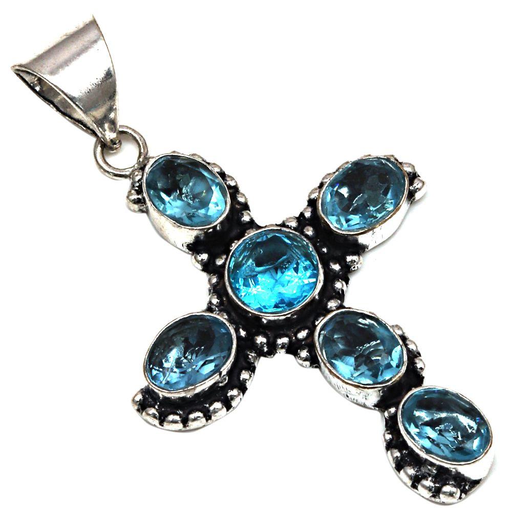 Pendant Swiss Blue Quartz Gemstone Gift For Her Silver Jewelry 2.25"