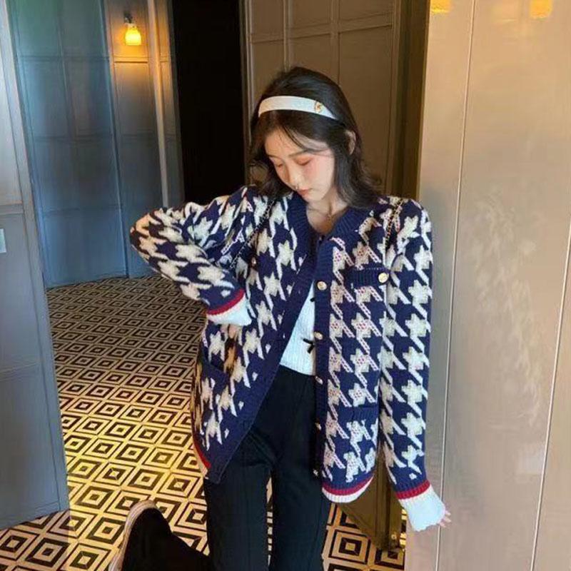 2023 осенне-зимнее модное новое пальто, вязаный топ с круглым вырезом, женский универсальный свитер с узором «гусиные лапки», однобортный кардиган