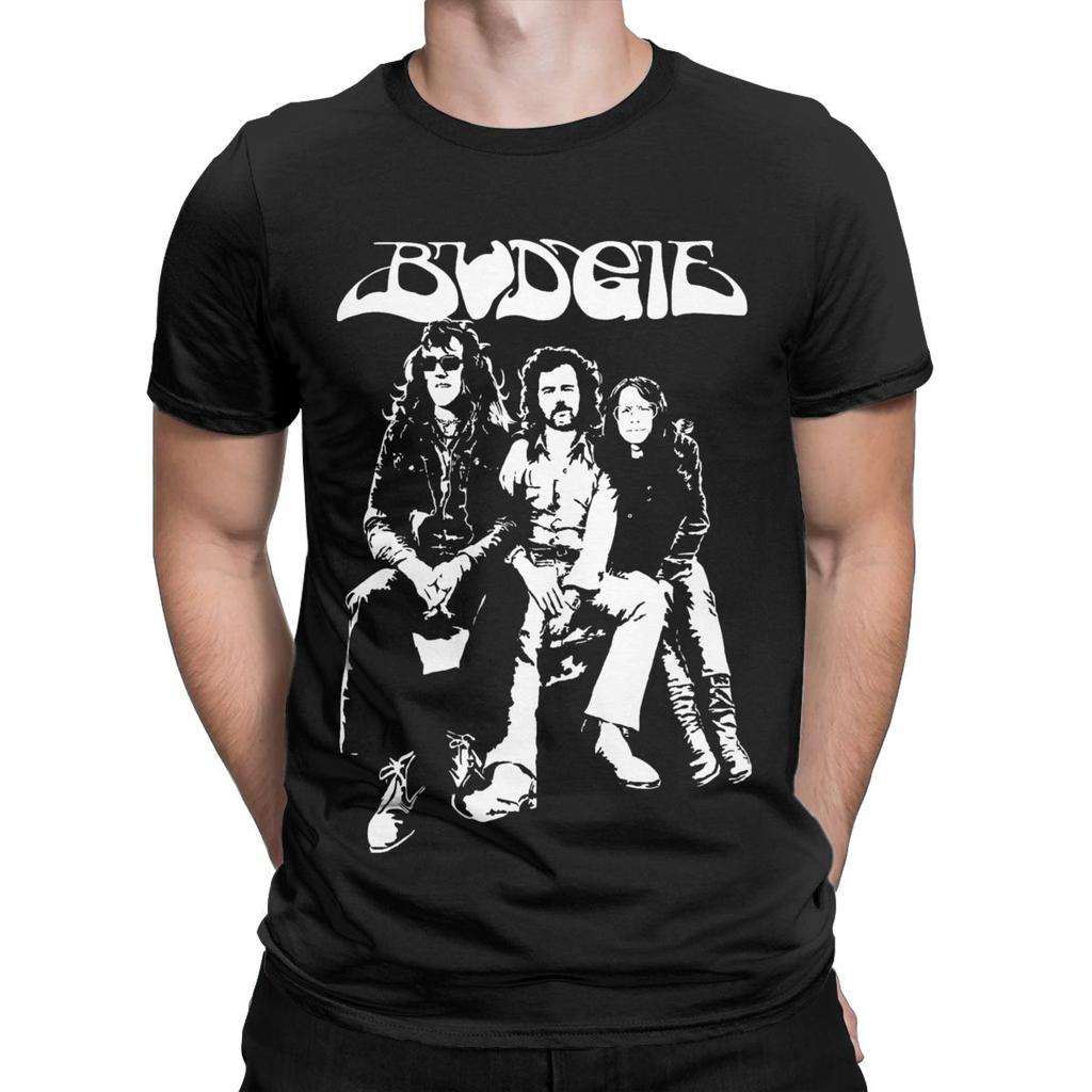 Budgie Band Белые футболки с черным принтом Мужские 100% хлопок Повседневные футболки Футболки с круглым вырезом Топы с коротким рукавом С принтом