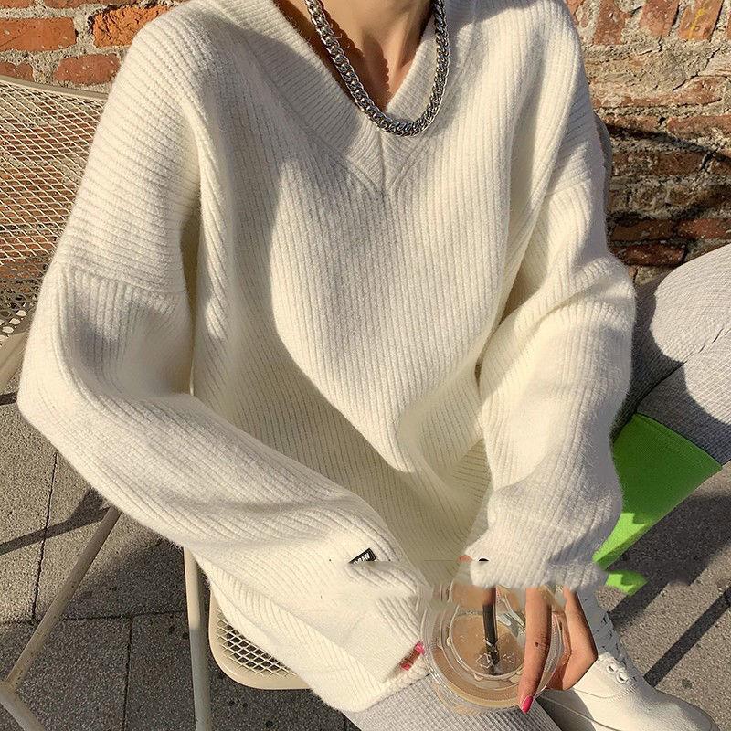 Свободный однотонный цветной лейбл в длинной секции свитер осень и зима V-образный вырез толстый иглой длинный рукав трикотажный свитер для женщин
