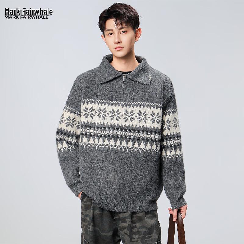 MARK FAIRWHALE Men's Color Block Turn-Down Collar Knit Sweater