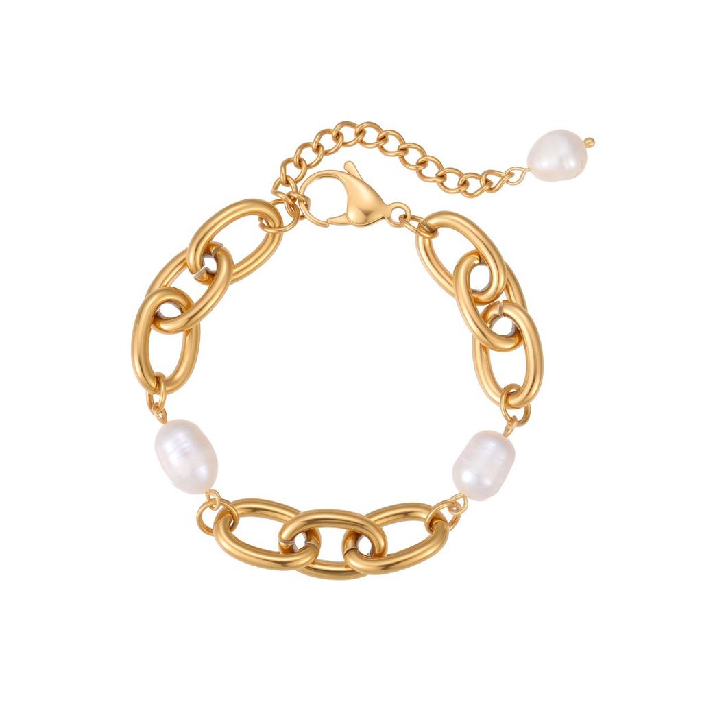 GEMCHIC Women's French Retro Stainless Steel Baroque Freshwater Pearl Bracelet Set