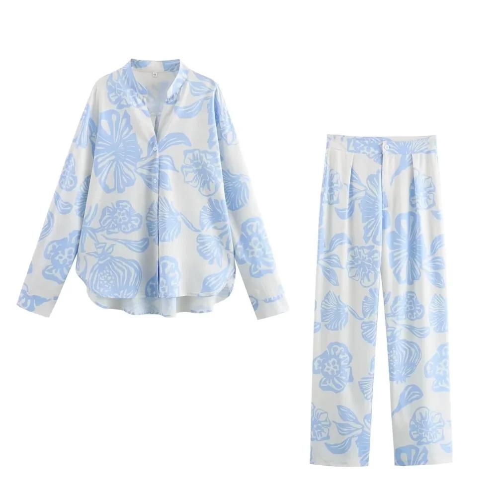 Pajamas Women's 2 Piece Set Blue Printed Long Sleeve Button-Down Shirt High Waist Pants Sexy Pajamas Home Set New Style