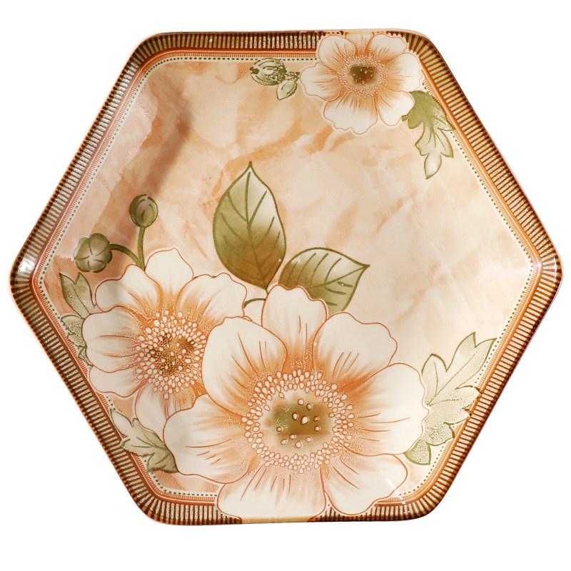 Керамический набор столовой посуды «Европейский жасмин» с ромбовидным узором - Включает маленькие тарелки, тарелки для фруктов и обеденные тарелки.