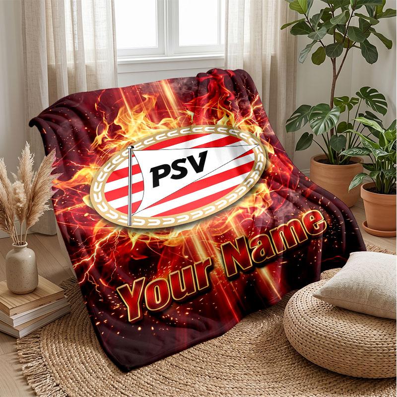 PSV Eindhoven FC Custom Name Text Flannel Blanket Soccer Logo Personalized Fleece Throw Blanket Special Gift For Sofa Bedroom Home