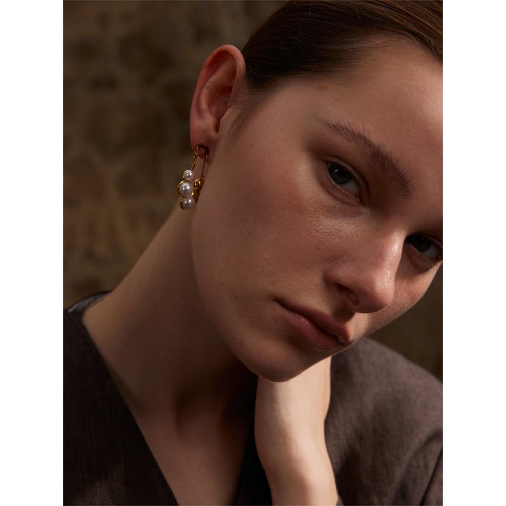 Yhpup Elegant Imitation Pearls Geometric Chain Drop Earrings for Women Stainless Steel Exquisite Daily Jewelry Bijoux Gift
