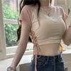 Pink Tight Crop Top Hollowed Out Waist Strap Short Sleeved T-shirt Summer Women's Dance Wear Sexy Versatile Pullover
