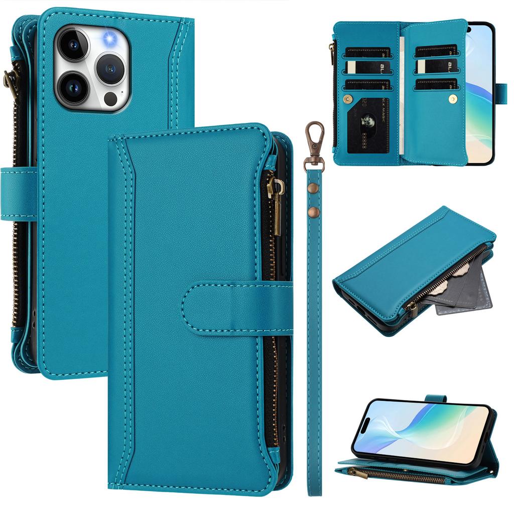 For iPhone 16 Pro Max Leather Case 9 Card Slots Zipper Wallet Stand Phone Cover with Wrist Strap