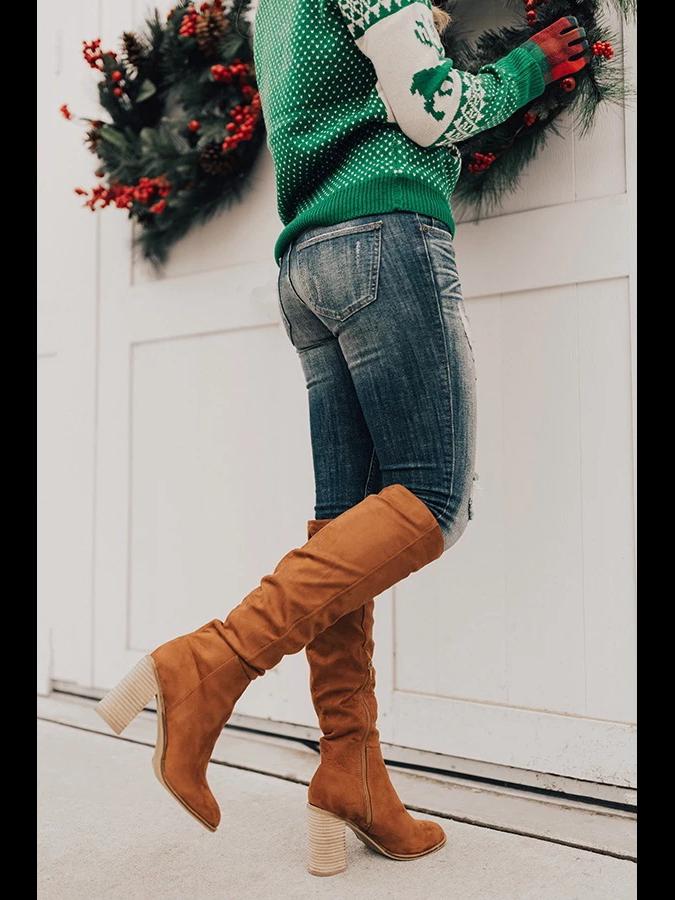 Женские замшевые толстые каблуки с заостренным носком и боковой молнией, однотонные модные рыцарские сапоги