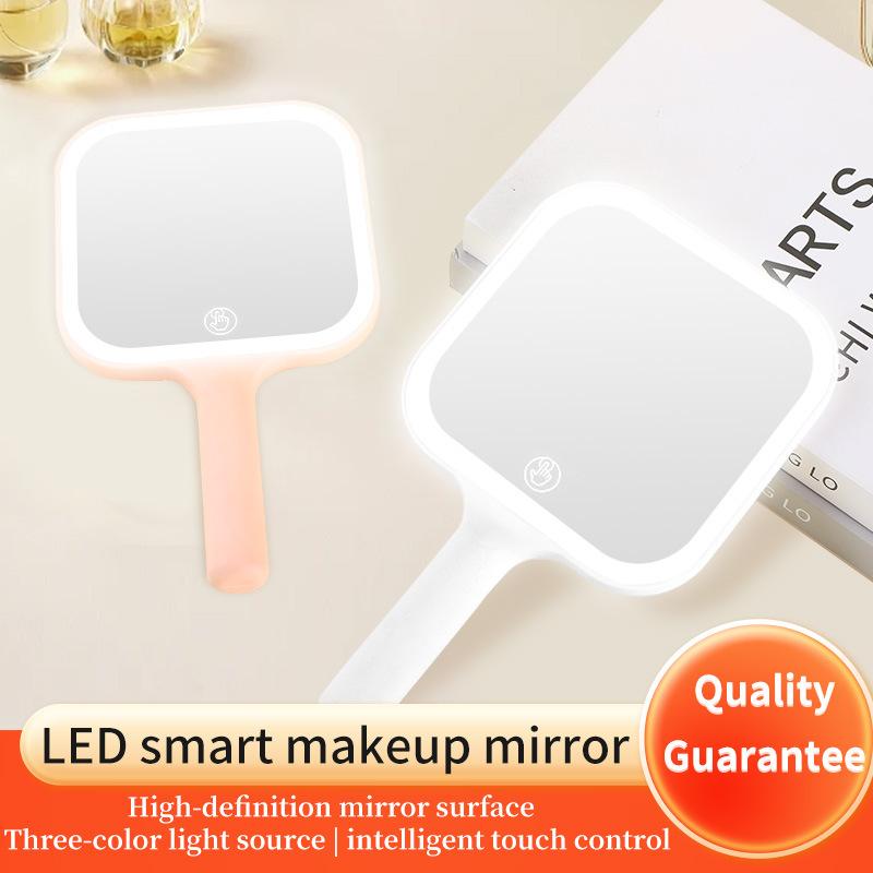 Portable Handheld Makeup Mirror 3 Color Light Led Makeup Mirror Touching Mirror Square Makeup Vanity Mirrors With Handle Hand