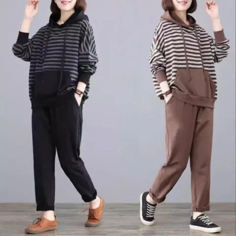 Women's Plus Size Suit Summer Sports Set of Stripes Comfortable Hooded Sweater and Casual Loose Pants Suit