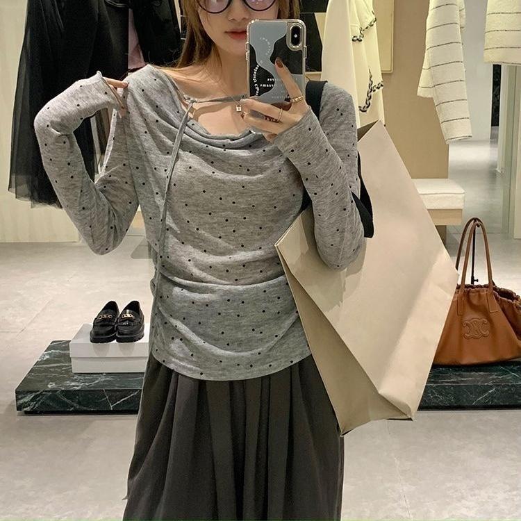 Polyester Dot Pattern Off Shoulder Tiefront T Shirt For Women Fall